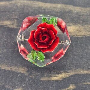 Vintage 1970's Rose Embedded Lucite Geometric Brooch